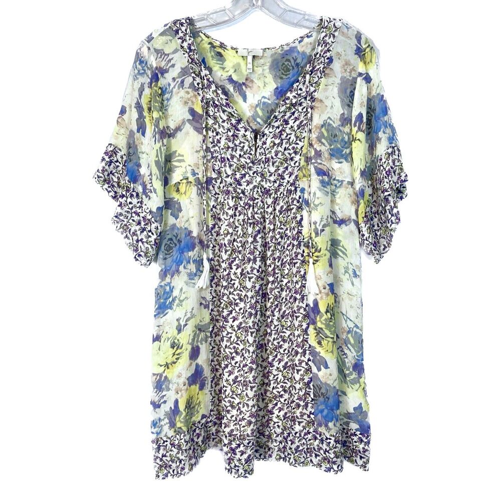 Joie sz XS Silk Dress Prairie Boho Tunic Yellow & Blue Lightweight Sheer w Slip